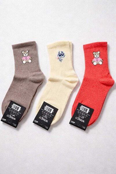 KAYLANIN DÜNYASI Women's Socks Size 36-40 Cotton Teddy Bear Patterned Gift (3 Pieces)