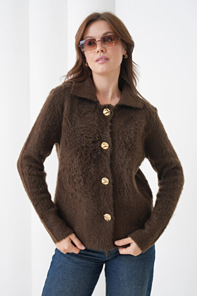 Park Karon Women's Polo Neck Button Detail Fleece-Lined Knitwear Jacket 8645Sw