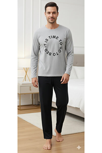 Sude HOMEWEAR Ercan Men's Pajama Set Long Sleeve Gray Color Special Boxed Shipping