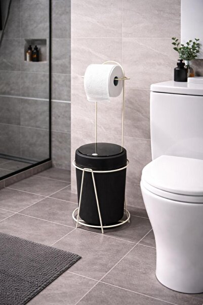 Wirewel Ayaklı WC Kağıtlığı Çöp Kovası Seti, Metal Askılı WC Kağıtlık Standı