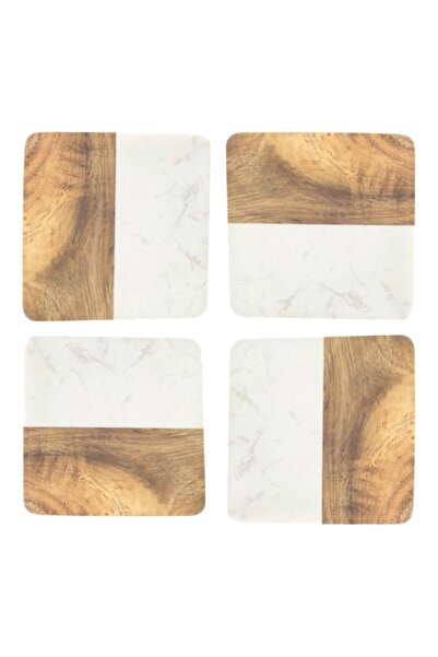 OEM Set of 4 holders, for glass and bottle, marble and wood mix, 2 sides, 10x10 cm, beige, brown