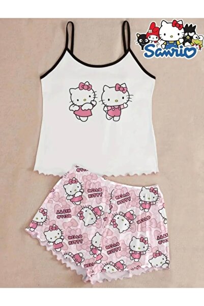 Silona Homewear Hello Kitty 2 White Askılı Şortlu Pijama Takımı