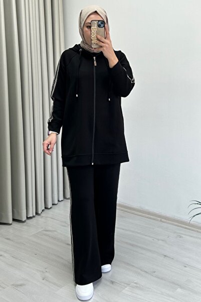 T Moda Store Tripen Şeritleri Taş Baskı Detaylı Premium Kumaş Full Fermuar Kapamalı Tesettür İkili Takım