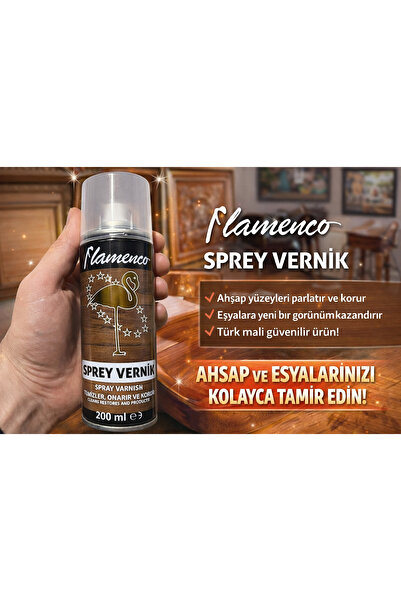 FLAMENCO Sprey Vernik 200 ml – Ahşap Yüzey Parlatıcı, Koruyucu ve Yenileyici