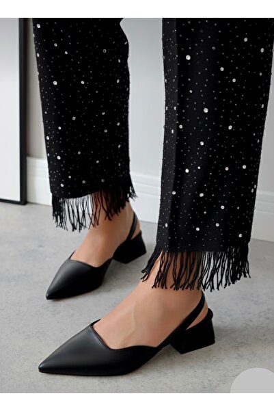 İZCE MODA Women's High-Heeled Pointed Shoes with Ankle Straps Black Matte