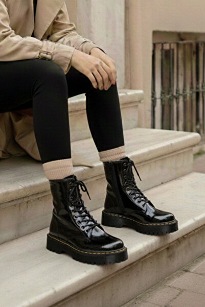 saramary Women's Black Patent Leather High Thick Sole Leather Boots Waterproof Lace-Up Zippered Boots Stitched Leather Boots