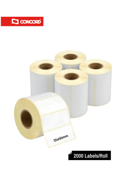 Concord ملصقات باركود حرارية 25×50 مم، 2000 ملصق لكل لفة، عبوة من 5 لفات