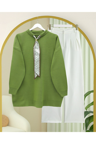 Modamorfo Round Neck Scarf Loose Knitwear Tunic -F.Green