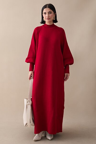 InStyle Mina Balloon Sleeve Knit Dress - Dark Red