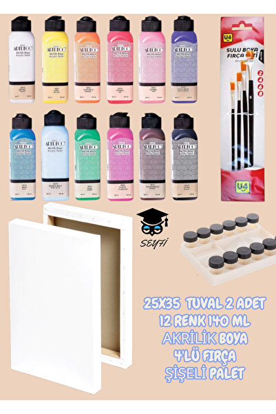 SEYFİKİRTASİYE 25X35 TUVAL 2 ADET 12 RENK 140 ML AKRİLİK BOYA 4'LÜ FIRÇA ŞİŞE...
