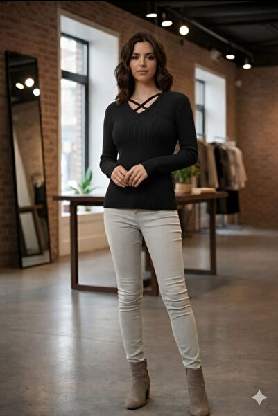 çilek triko Kadın uzun kol V yaka body