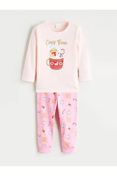 LC Waikiki guler rotund cu imprimeu Set de pijamale pentru fete cu mâneci lun...