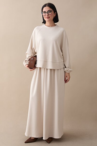 InStyle Basic Piped Skirted Modal Suit Beige