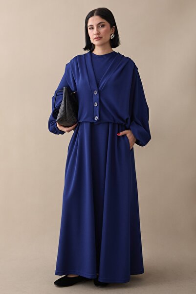 InStyle Navy Blue Modal Suit with Batwing Sleeve Jacket and Dress