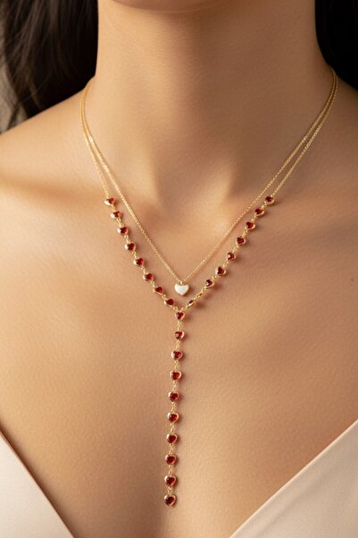 BLIZGANTIS Gold 2'Lİ Çoklu Kolye Kırmızı Kalp Taşlı Paslanmaz Çelik Y Kolye