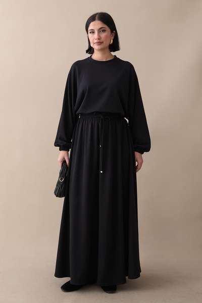 InStyle Basic Piped Skirted Modal Suit Black