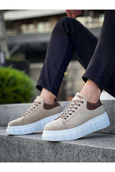 Lucy Shoes Yg044 Men's High Sole Lace-Up Suede Sports Sneaker Shoes Sbt - Beige