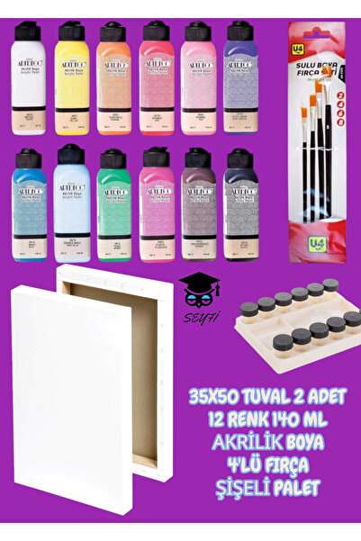 SEYFİKİRTASİYE 35X50 TUVAL 2 ADET 12 RENK 140 ML AKRİLİK BOYA 4'LÜ FIRÇA ŞİŞE...