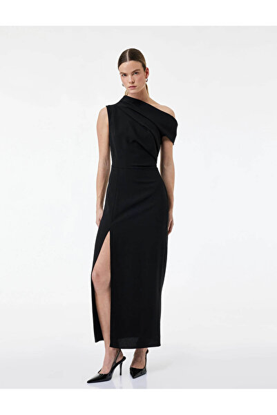 Koton Rochie neagră Midi pentru femei cu un singur umăr drapat 6SAK80120UW