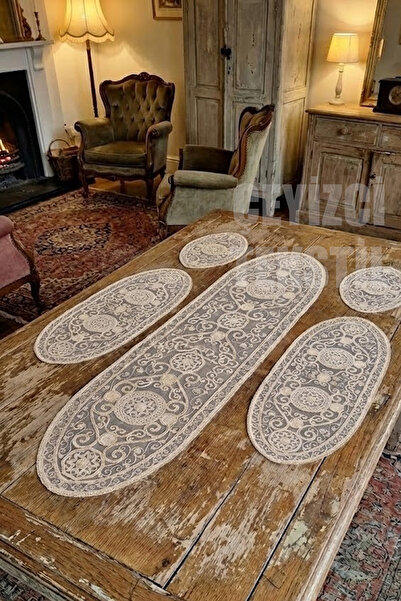 Çt Çeyizci Tekstil Living Room Set 5 Piece Lace Tablecloth Runner Set