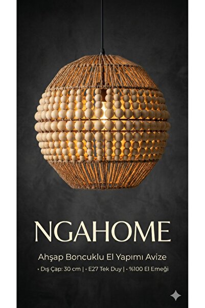 NGAHOME Bohem Ahşap Boncuklu El Yapımı Jüt Sarkıt Avize - 30 cm