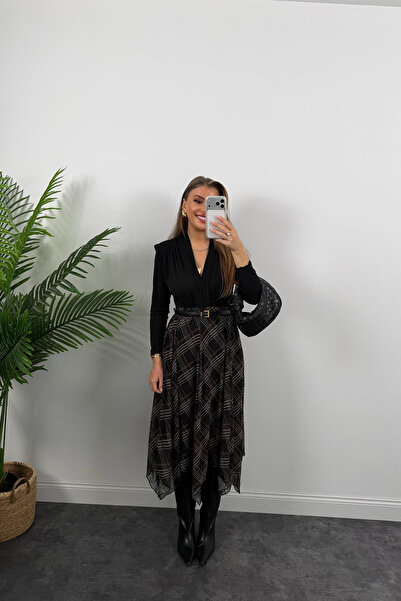 Sorridi Fusta midi din șifon cu model în carouri, croială asimetrică, semi-că...