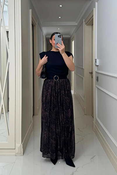 Sorridi Fustă lungă din șifon cu model în nuanțe închise, căptușită, cu croia...