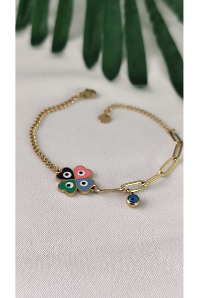DİAVENTA TAKI VE AKSESUAR 100% Steel Enamel Clover Model Chain 316L Steel Bra...