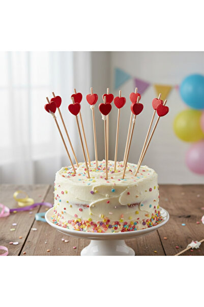 DODOMAR Uzun – Kürdan Bambu Süslü Kırmızı Kalp 12'li Pasta ve Sunum Kürdanı