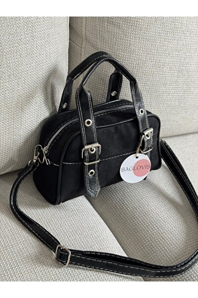 BAGLOVİS Black Suede Women's Shoulder Bag with Adjustable Straps and Buckle Detail En25 Size15