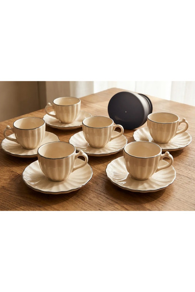 ASSA BAZAAR 6-Person Porcelain Turkish Coffee Cup Set-Oyster Design Real Silver Gilded Coffee Set