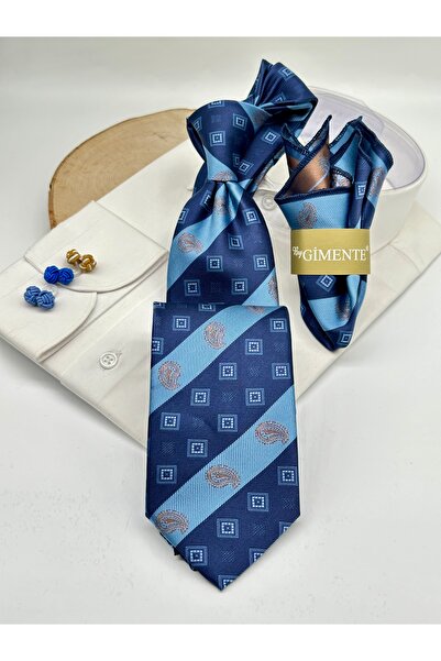 Gutiero ربطة عنق كلاسيكية منقوشة باللون الأزرق الداكن مع منديل