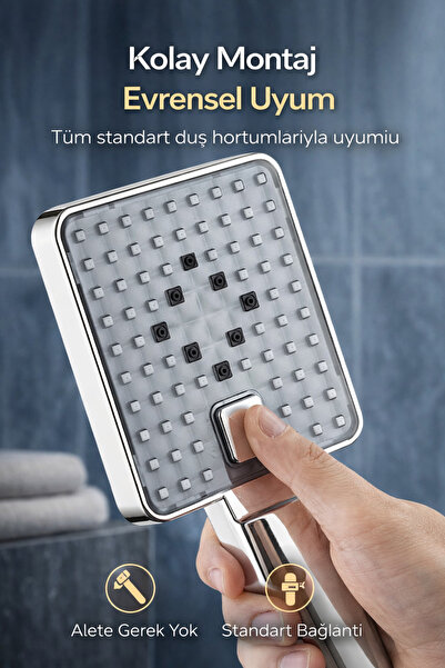 SUVİA Yüksek Basınçlı Kare El Duş Başlığı – 3 Fonksiyonlu – Su Tasarruflu – M...