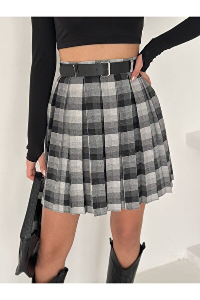 CARLA MARA Pantaloni scurți cu talie înaltă cu curea în carouri pentru femei, fustă mini căptușită