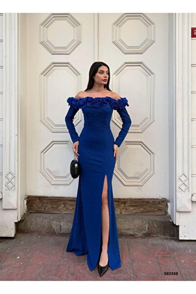 Modafeminen Stretchy Crepe Fabric Front Rose Detailed Evening Dress 583348 Cobalt