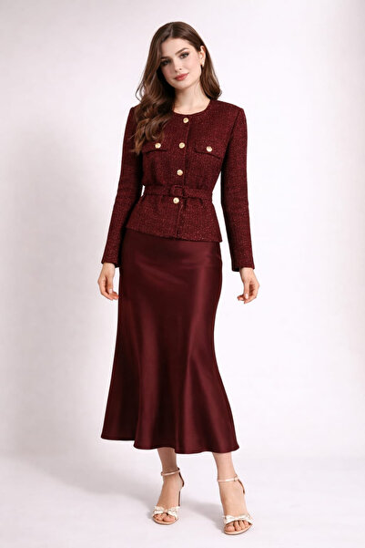 Cara Women's Tweed Jacket Satin Skirt Set Gold Button Maxi Length Office Suit