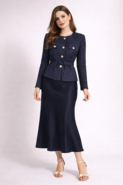 Cara Women's Tweed Jacket Satin Skirt Set Gold Button Maxi Length Office Suit