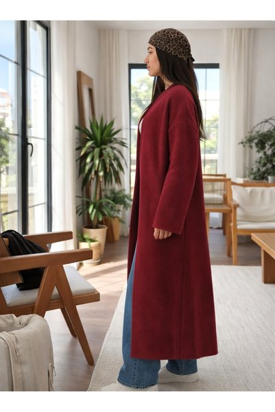 Lasirius Women's Fleece-Lined Long Oversized Knitwear Cardigan, Shawl Collar, Comfortable 120 Cm, Winter Wool Standard Size