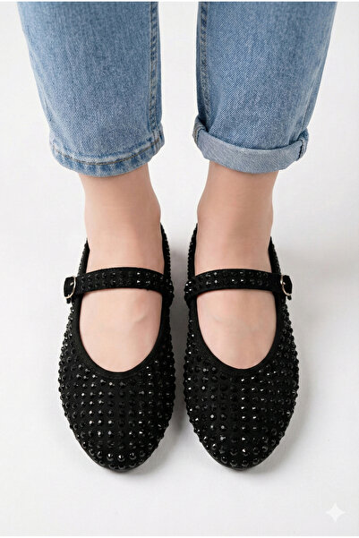 StWenn Pantofi de balerină de zi cu zi pentru damă, cu cască, de la negru la piatră neagră