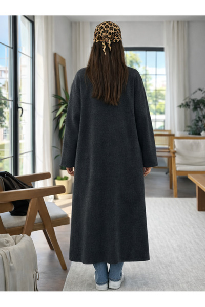 Lasirius Women's Fleece-Lined Long Oversized Knitwear Cardigan, Shawl Collar, Comfortable 120 Cm, Winter Wool Standard Size