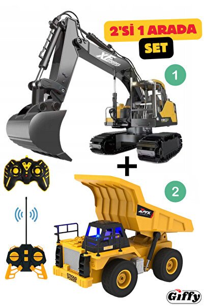 giffy Oyuncak Uzaktan Kumandalı Kepçe ve Kamyon Kepçesi ve Damperi Hareketli Şarjlı İnşaat Araçları Seti