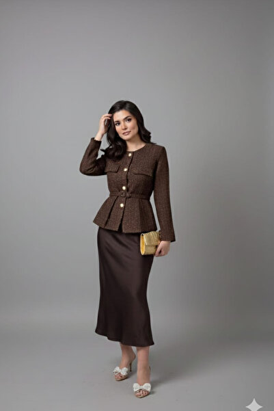 Cara Women's Tweed Jacket Satin Skirt Set Gold Button Maxi Length Office Suit