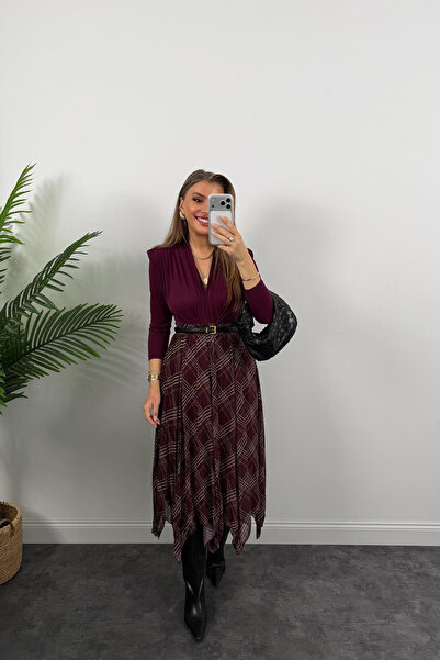 Sorridi Ekose Desenli Şifon Asimetrik Kesim Yarı Astarlı Midi Etek