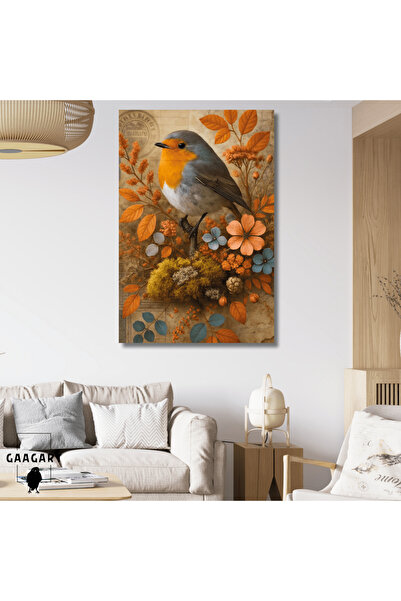 GAAGART Tekli Dikey Kanvas Tablo Turuncu Minik Serçe Kuş