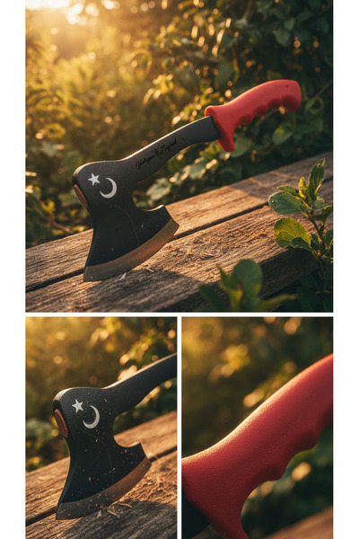 Yatağan Zeybek Ay Yıldızlı 5mm Karbon Çelik Kamp Baltası - Kırmızı Plastik Sa...