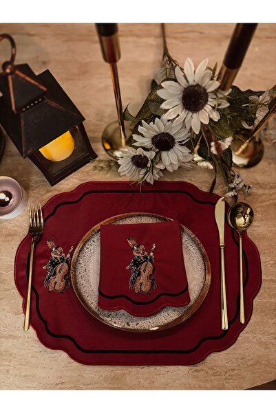 LİONYA DESİGN 4 Parça 2 Kişilik Vintage Çello Nakışlı Sofra Seti (2 Amerikan Servisi 43x30 + 2 Peçete 30x30)