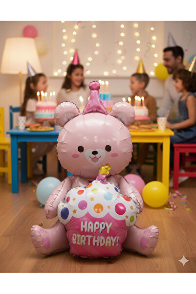 DODOMAR 92×73 سم – بالون فويل على شكل دب جالس مع كعكة باللون الوردي للحفلات و...