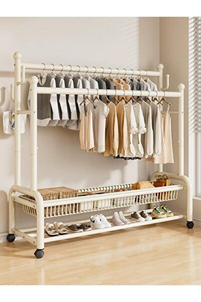 Un علاقة ملابس متحركة 2 في 1 بتصميم ابيض فاخر مع أرفف سفلية وعلاقات متعددة