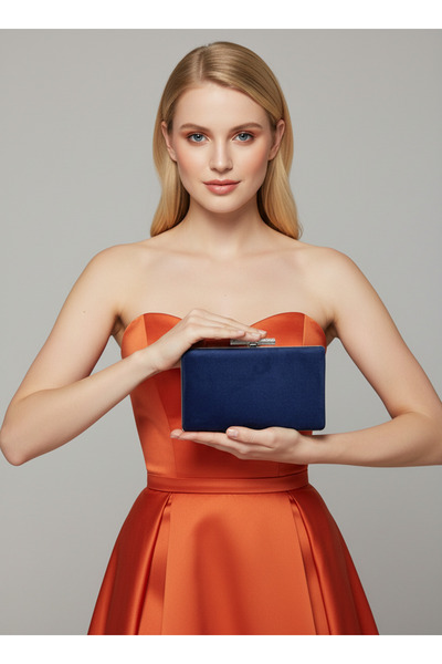 Wedding Fashion Navy Blue Luxury Suede Chain Handle Women Evening Dress Bag W...