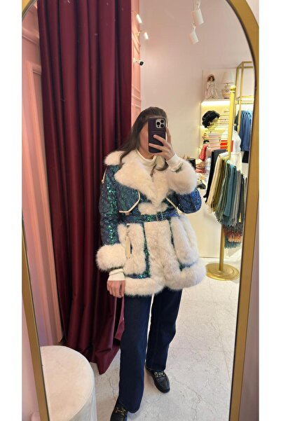 Mysun Butique Pul Payetli İtalyan Mavi Kürk